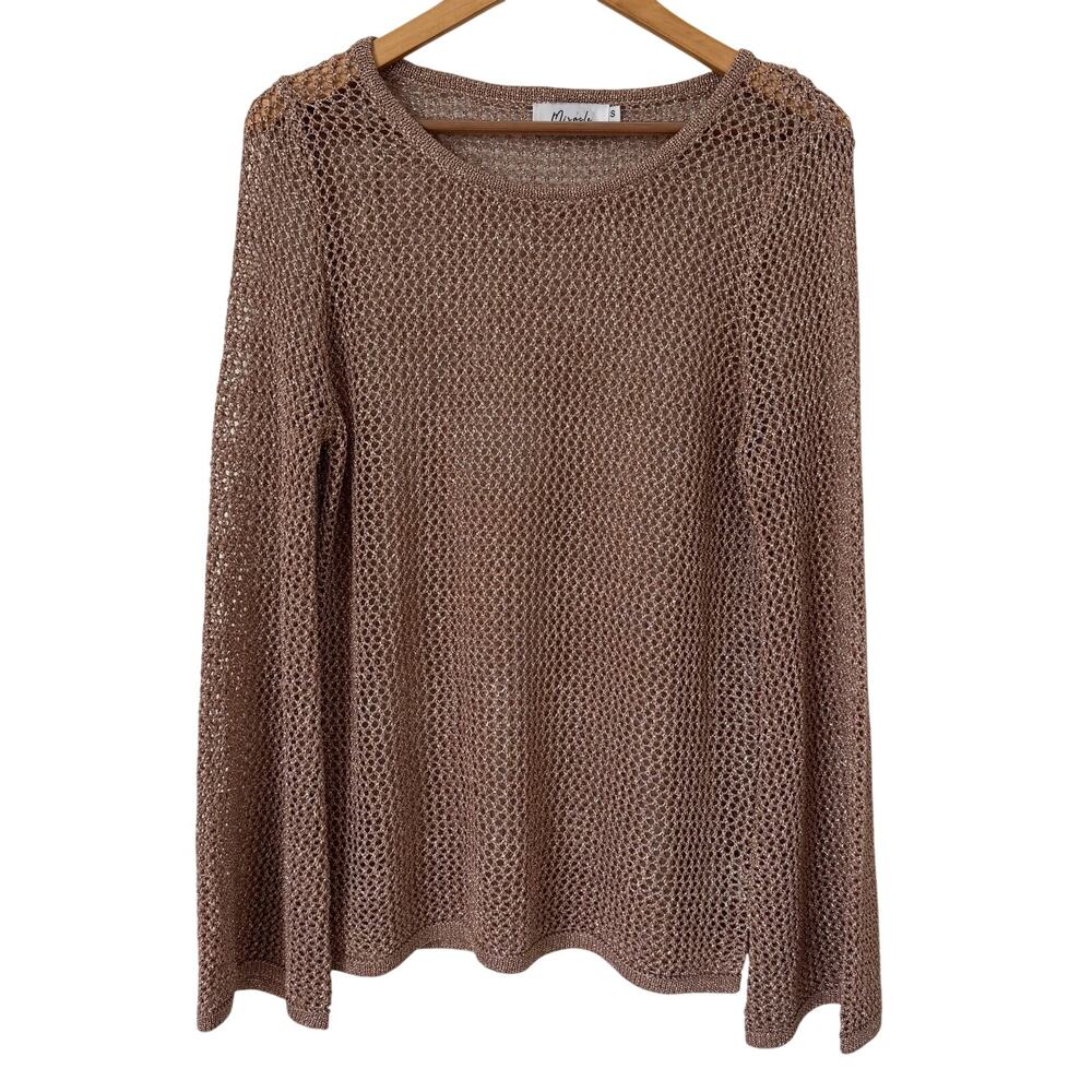 Miracle Champagne Metallic Mesh Sheer Knit Bell Sleeve Sweater Cover Up Top-S